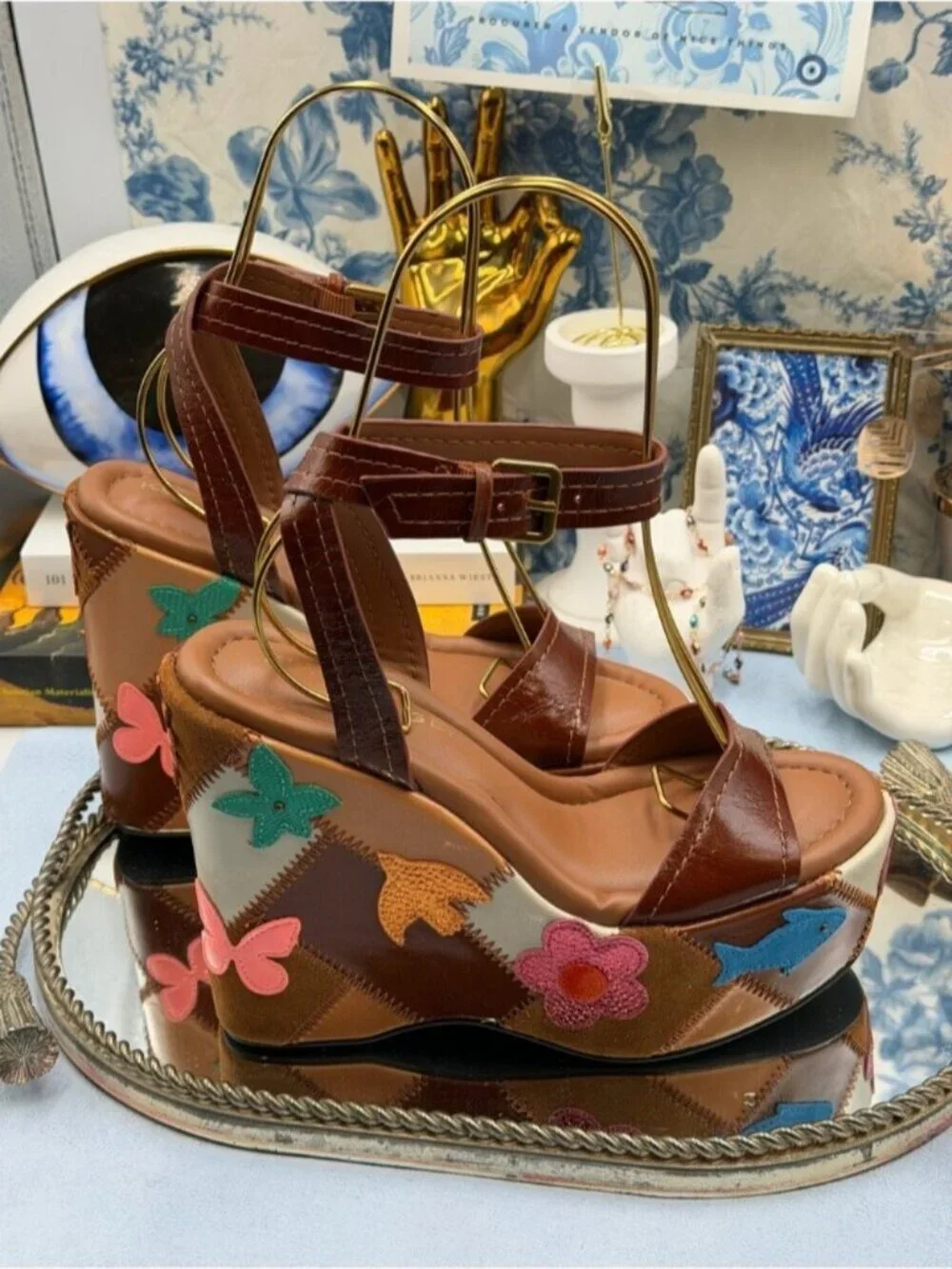 🆕 KURT GEIGER LONDON 🧿 NWOB Patchwork Platform Wedge Heel, Brown - Sz 37 US 7